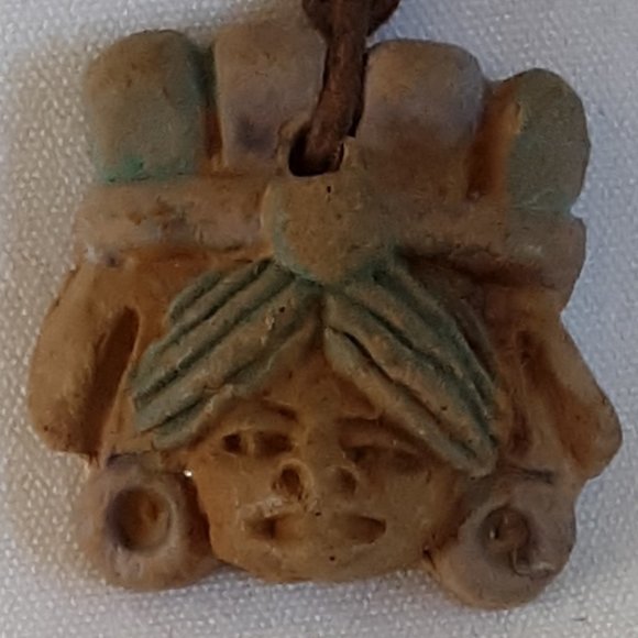 Pottery Aztec Head Bust Necklace Vintage Handcrafted Leather Knotted Cord - Picture 3 of 9